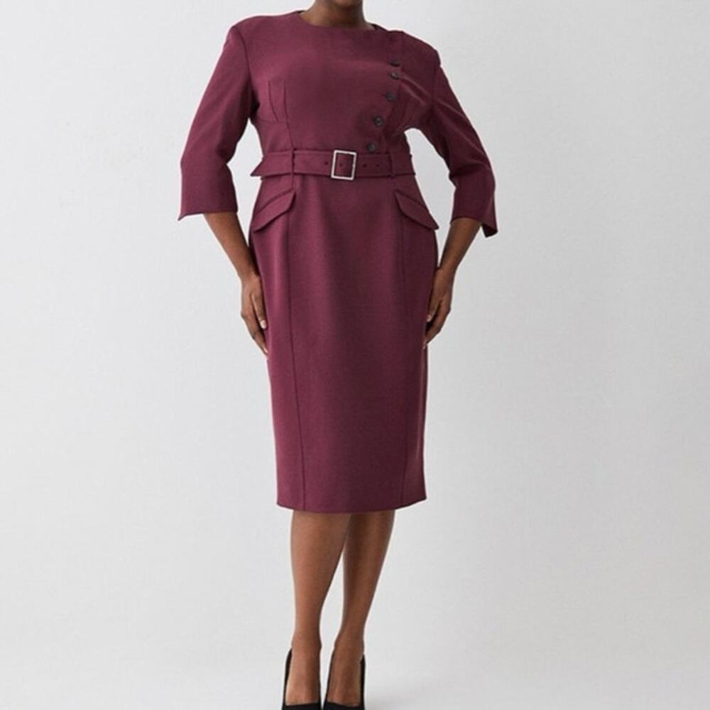 Karen Millen Merlot Structured Crepe Trench Style Dress Sz 18 Belted Long Sleeve - Picture 6 of 7